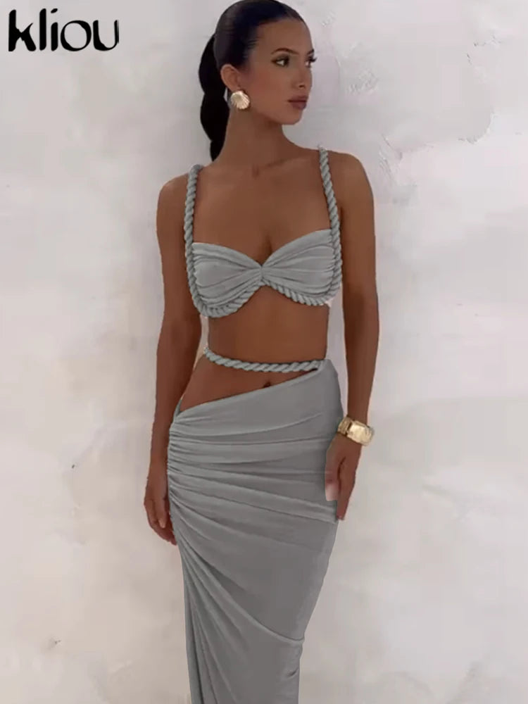 kliou Woven Sexy Women 2 Piece Set Stunning Hot Solid Pleated Crop Camisoles+High Waist Maxi Skirts Female Trend Vacation Outfit
