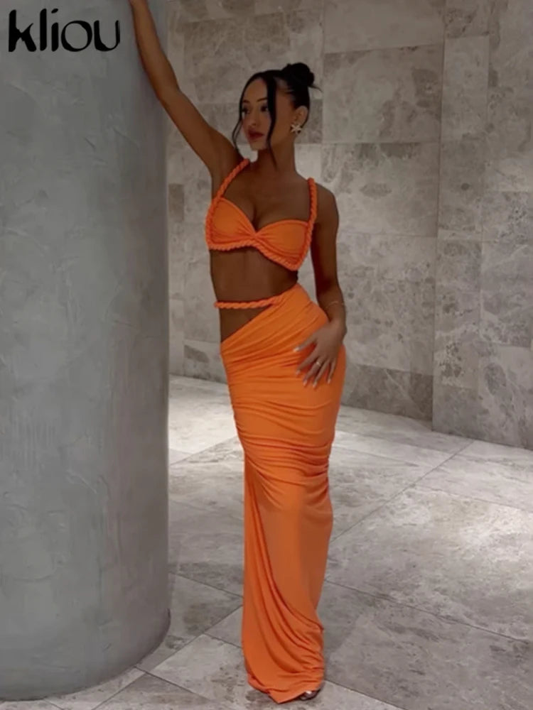 kliou Woven Sexy Women 2 Piece Set Stunning Hot Solid Pleated Crop Camisoles+High Waist Maxi Skirts Female Trend Vacation Outfit