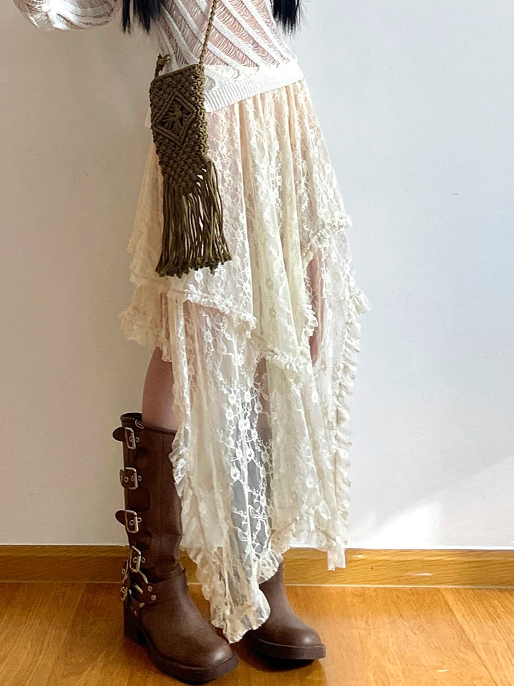 Rockmore Lace Irregular Skirt Grunge Fairycore Women Vintage Y2K Boho Aesthetic Coquette Low Waist Mid Skirts Holiday Outfits