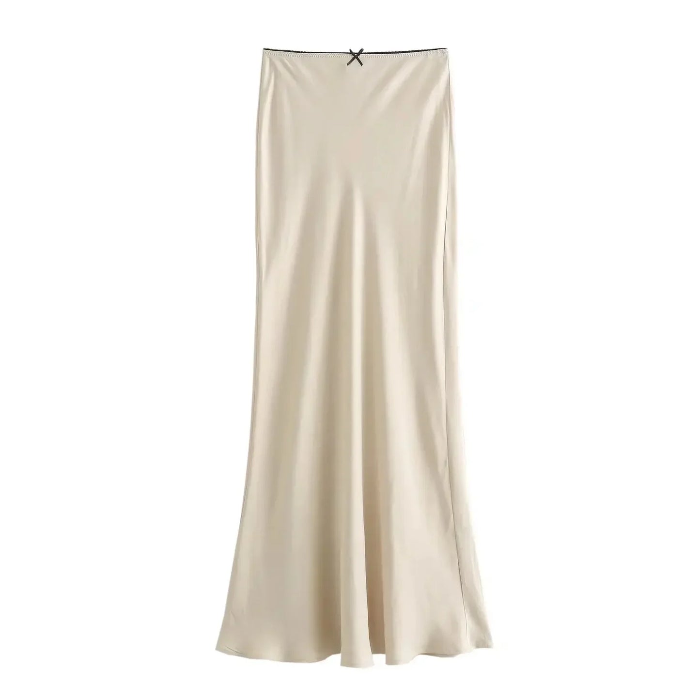 TRAF Women Fashion 2024 Spring New Satin Texture Bow Decoration Vintage Chic Female High Waist H Line Long Skirts Mujer
