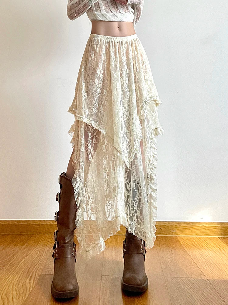 Rockmore Lace Irregular Skirt Grunge Fairycore Women Vintage Y2K Boho Aesthetic Coquette Low Waist Mid Skirts Holiday Outfits