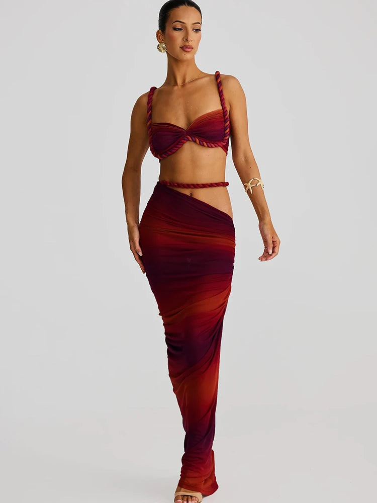 kliou Woven Sexy Women 2 Piece Set Stunning Hot Solid Pleated Crop Camisoles+High Waist Maxi Skirts Female Trend Vacation Outfit