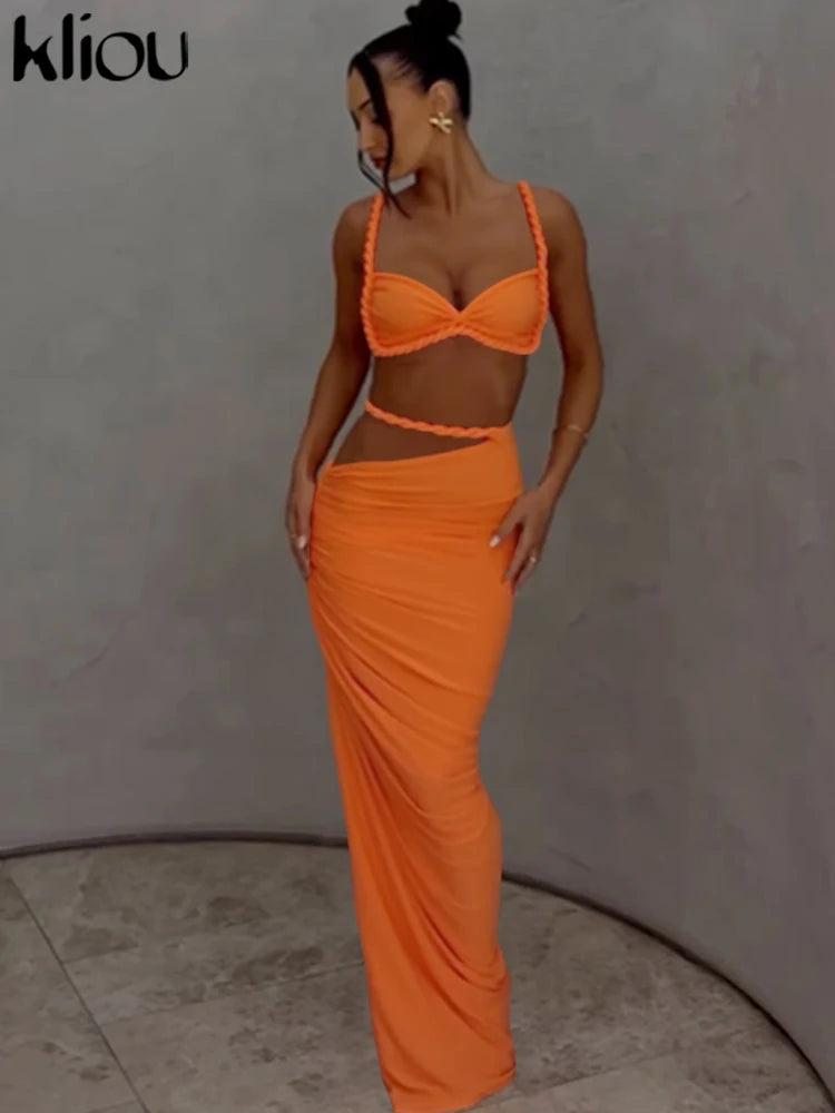 kliou Woven Sexy Women 2 Piece Set Stunning Hot Solid Pleated Crop Camisoles+High Waist Maxi Skirts Female Trend Vacation Outfit