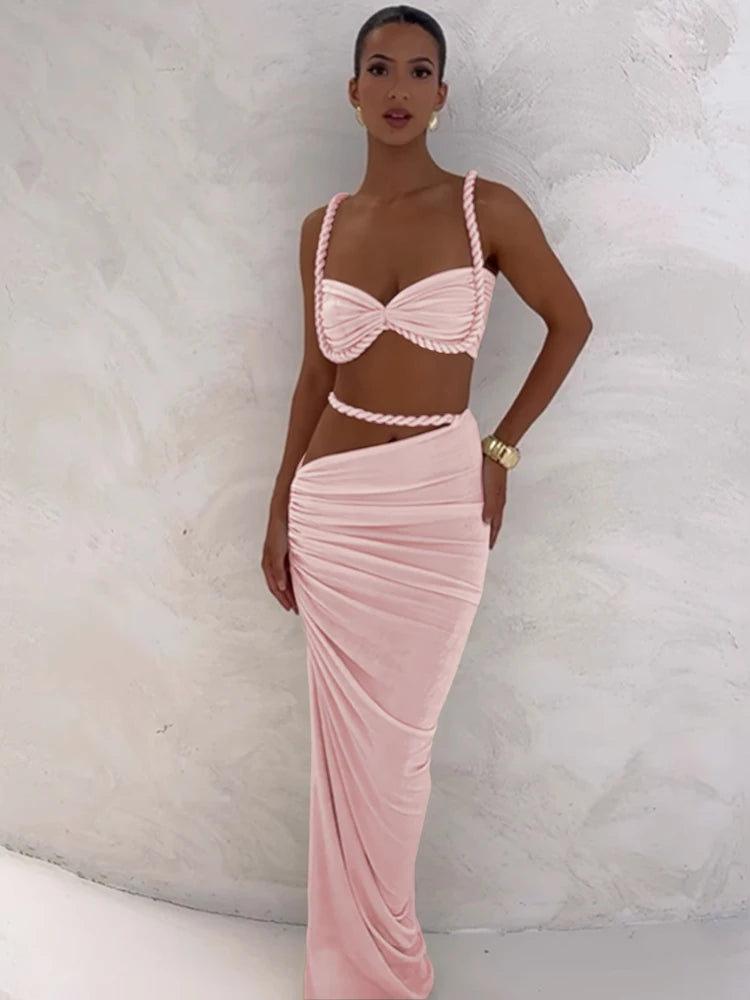 kliou Woven Sexy Women 2 Piece Set Stunning Hot Solid Pleated Crop Camisoles+High Waist Maxi Skirts Female Trend Vacation Outfit