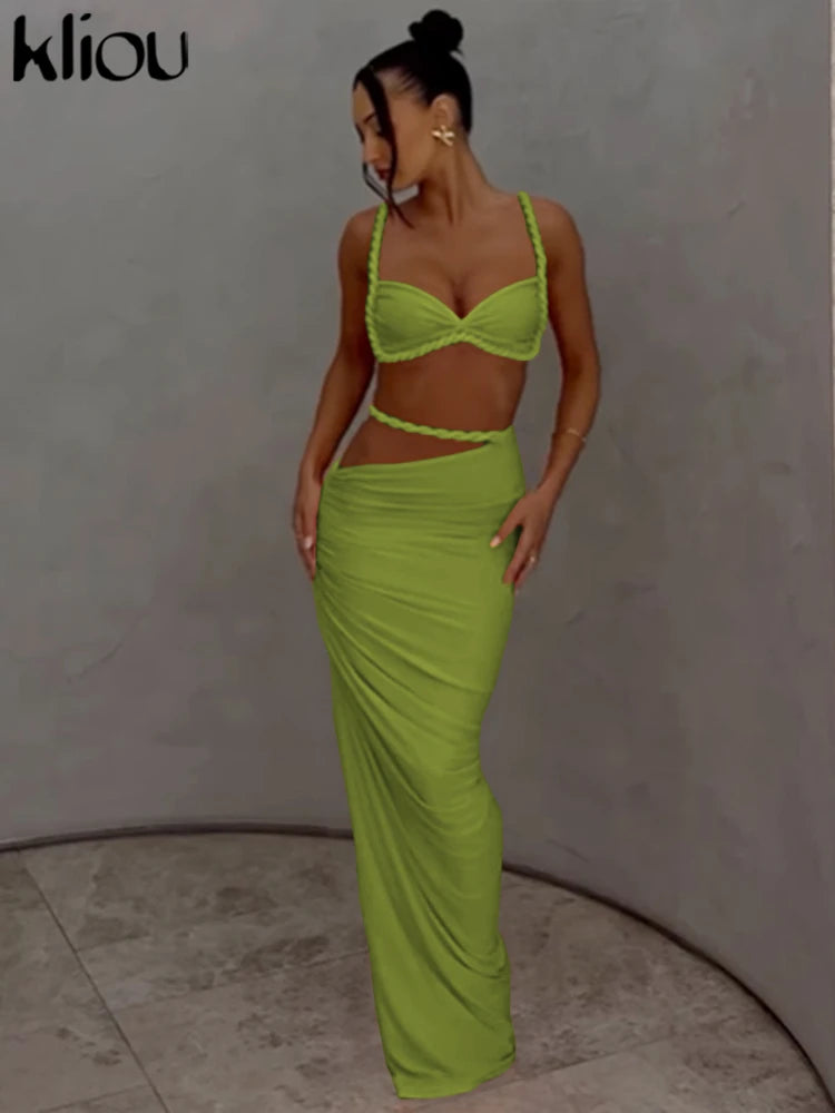 kliou Woven Sexy Women 2 Piece Set Stunning Hot Solid Pleated Crop Camisoles+High Waist Maxi Skirts Female Trend Vacation Outfit