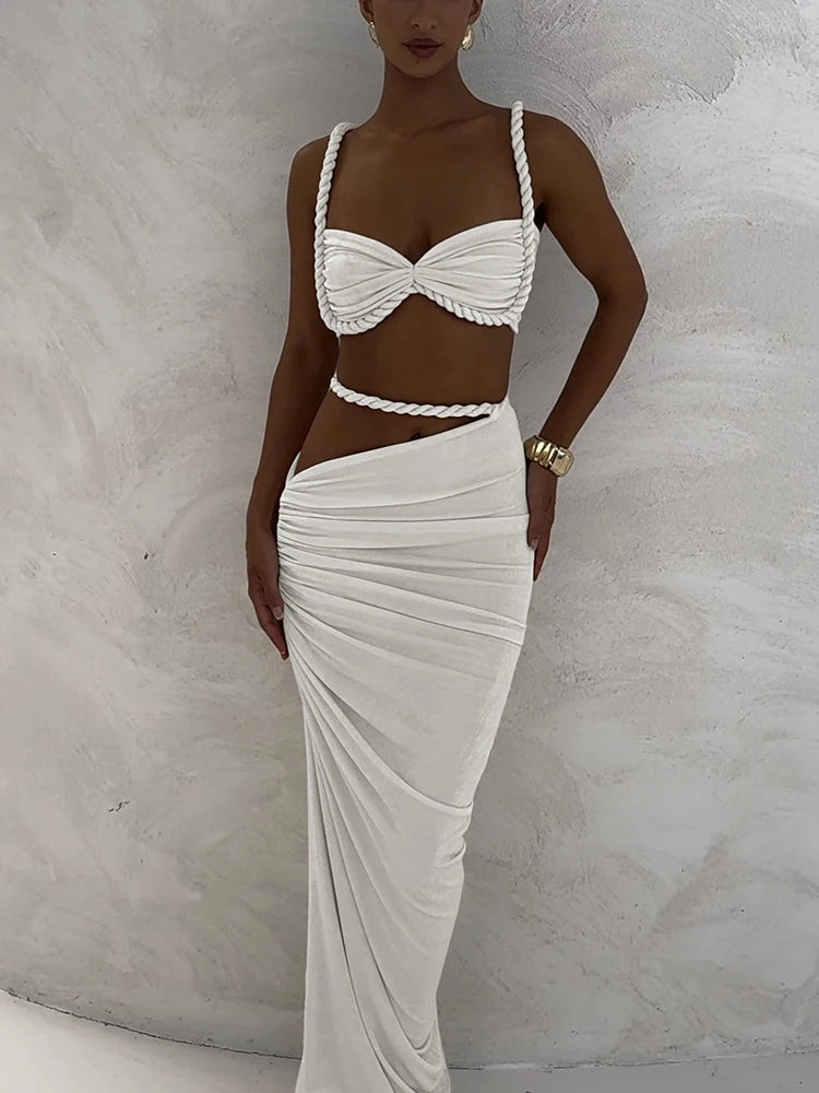 kliou Woven Sexy Women 2 Piece Set Stunning Hot Solid Pleated Crop Camisoles+High Waist Maxi Skirts Female Trend Vacation Outfit
