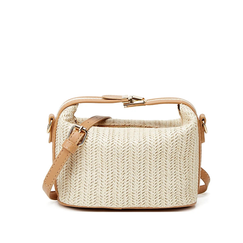 Yogodlns Summer Small Straw Handbag Trendy Shoulder Bag Woven Bucket Crossbody Bag Casual Seaside Beach Bag Gilrs Handle Tote
