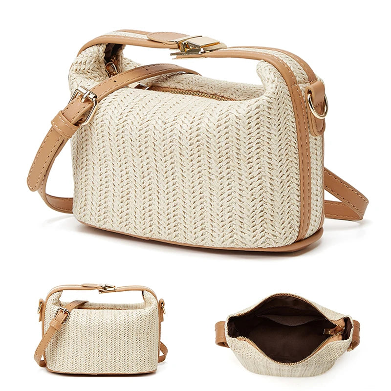 Yogodlns Summer Small Straw Handbag Trendy Shoulder Bag Woven Bucket Crossbody Bag Casual Seaside Beach Bag Gilrs Handle Tote