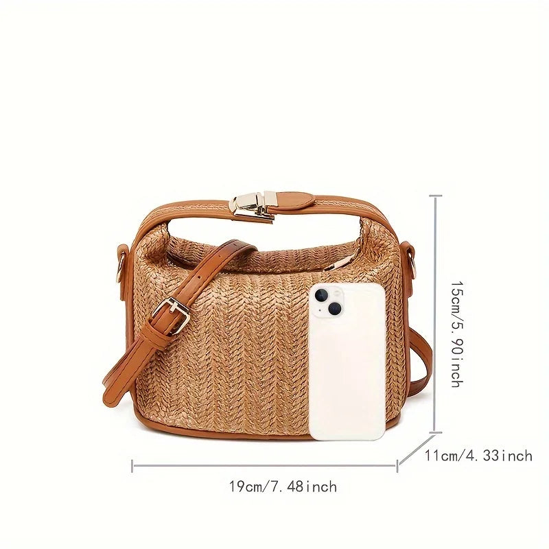 Yogodlns Summer Small Straw Handbag Trendy Shoulder Bag Woven Bucket Crossbody Bag Casual Seaside Beach Bag Gilrs Handle Tote