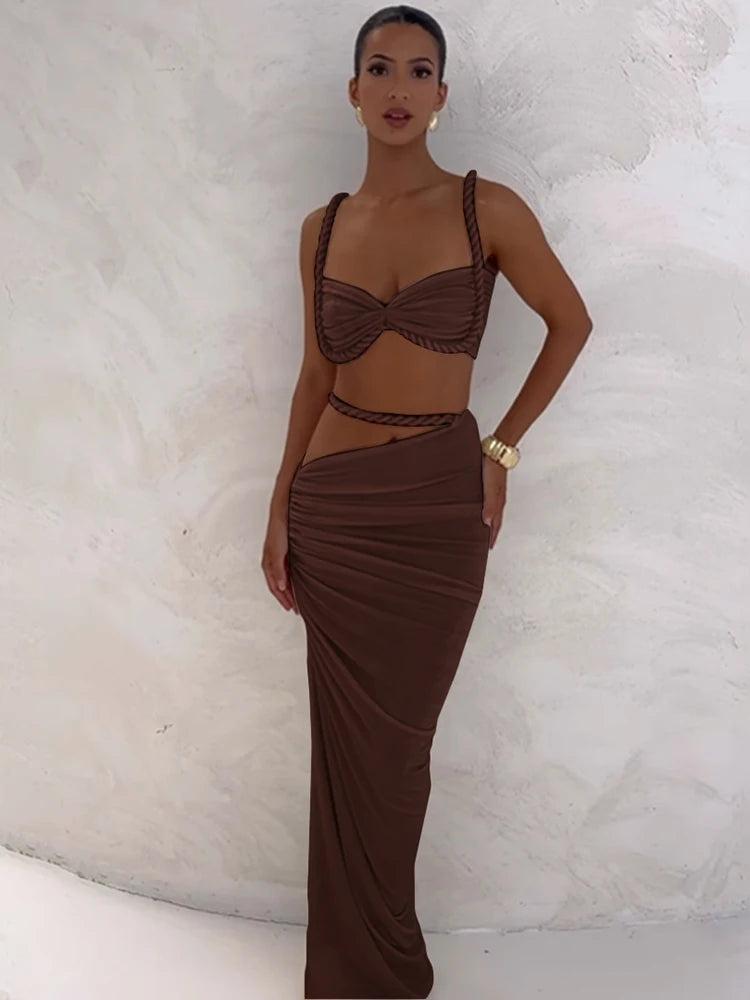 kliou Woven Sexy Women 2 Piece Set Stunning Hot Solid Pleated Crop Camisoles+High Waist Maxi Skirts Female Trend Vacation Outfit
