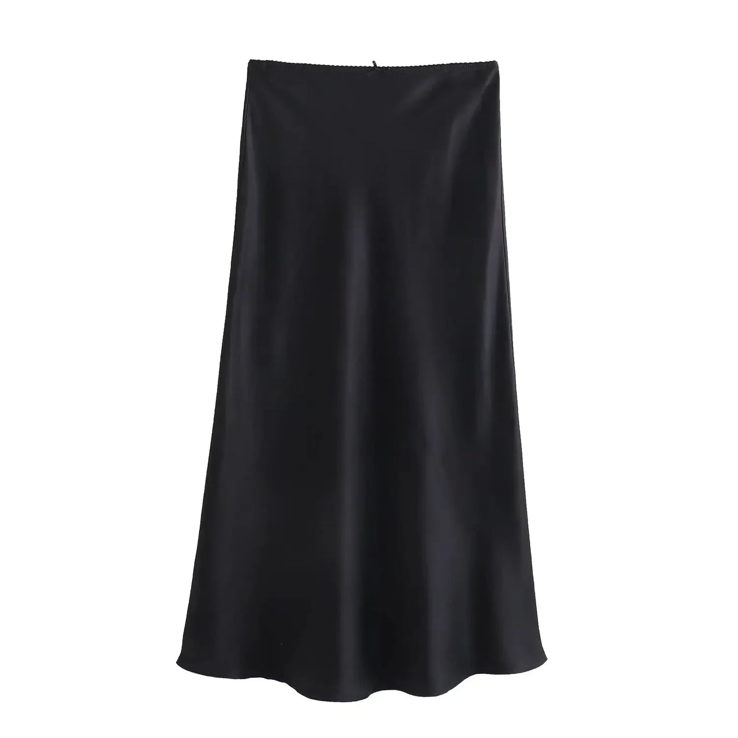 TRAF Women Fashion 2024 Spring New Satin Texture Bow Decoration Vintage Chic Female High Waist H Line Long Skirts Mujer