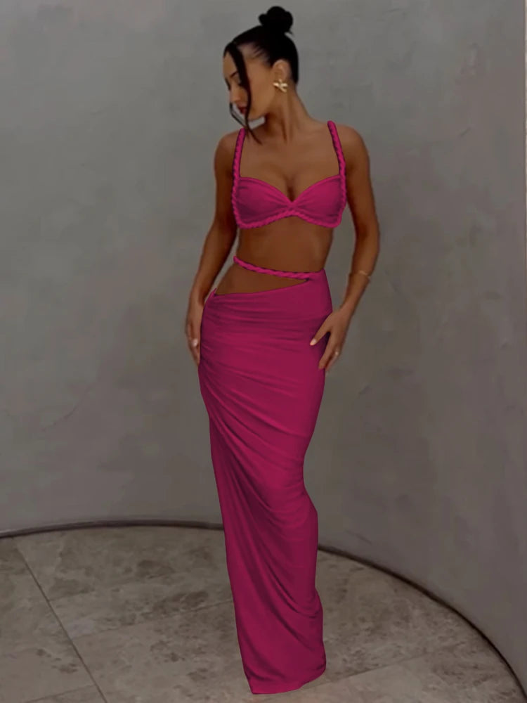 kliou Woven Sexy Women 2 Piece Set Stunning Hot Solid Pleated Crop Camisoles+High Waist Maxi Skirts Female Trend Vacation Outfit