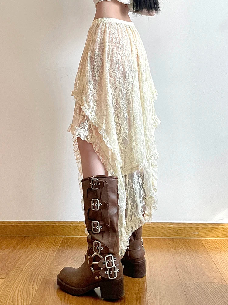 Rockmore Lace Irregular Skirt Grunge Fairycore Women Vintage Y2K Boho Aesthetic Coquette Low Waist Mid Skirts Holiday Outfits