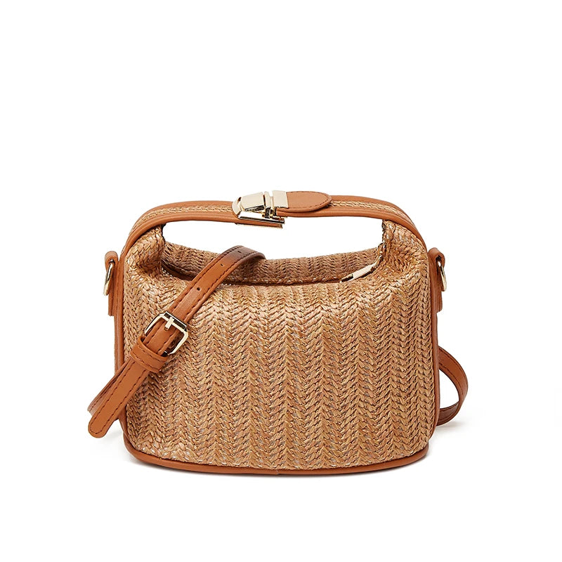 Yogodlns Summer Small Straw Handbag Trendy Shoulder Bag Woven Bucket Crossbody Bag Casual Seaside Beach Bag Gilrs Handle Tote