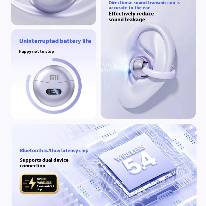 Origin Xiaomi Bone Conduction Earphones Bluetooth 5.4 Earbuds Clip on Ear Comfortable Headphones Sport Digital Display Headsets